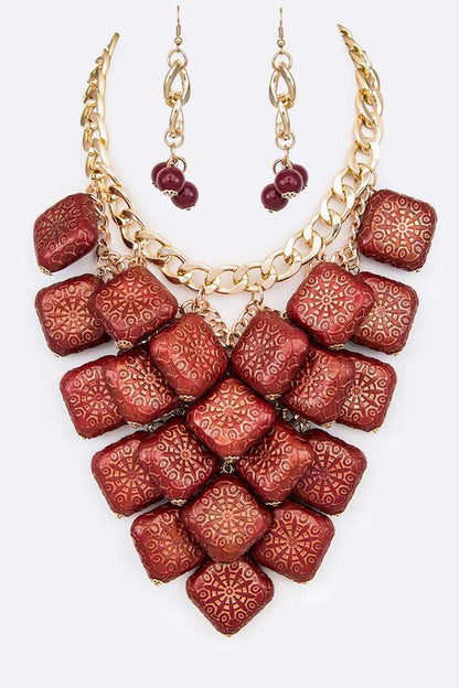 Textured Wooden Beads Statement Necklace Set