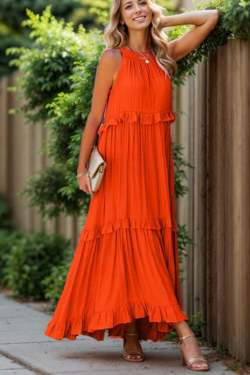 Ruffled Sleeveless Tiered Maxi Dress with Pockets